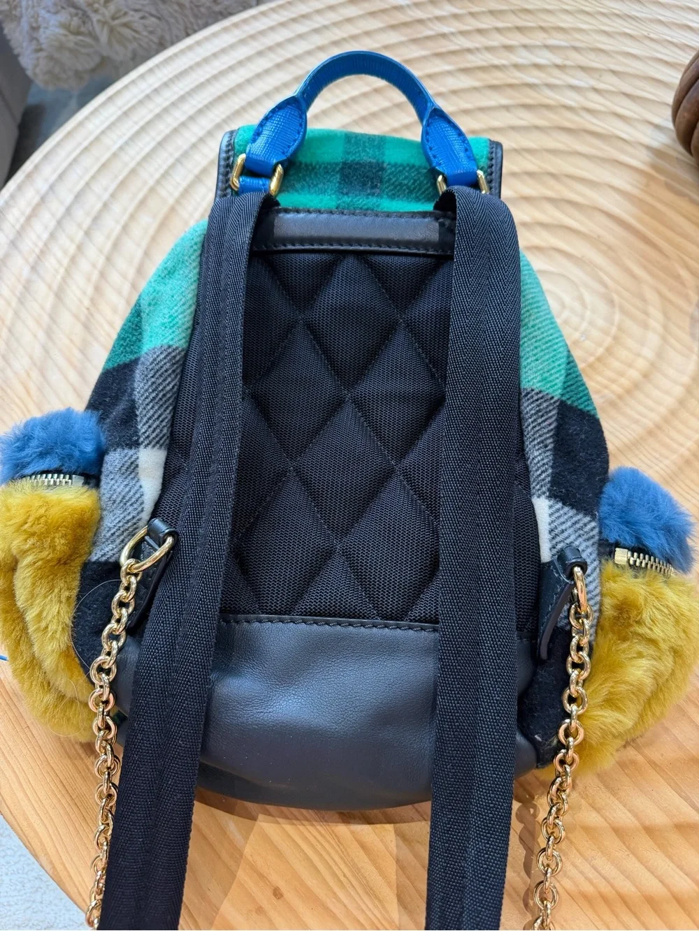 Runway Burberry Green and Blue Faux-Fur Drawstring Backpack with Yellow Accents